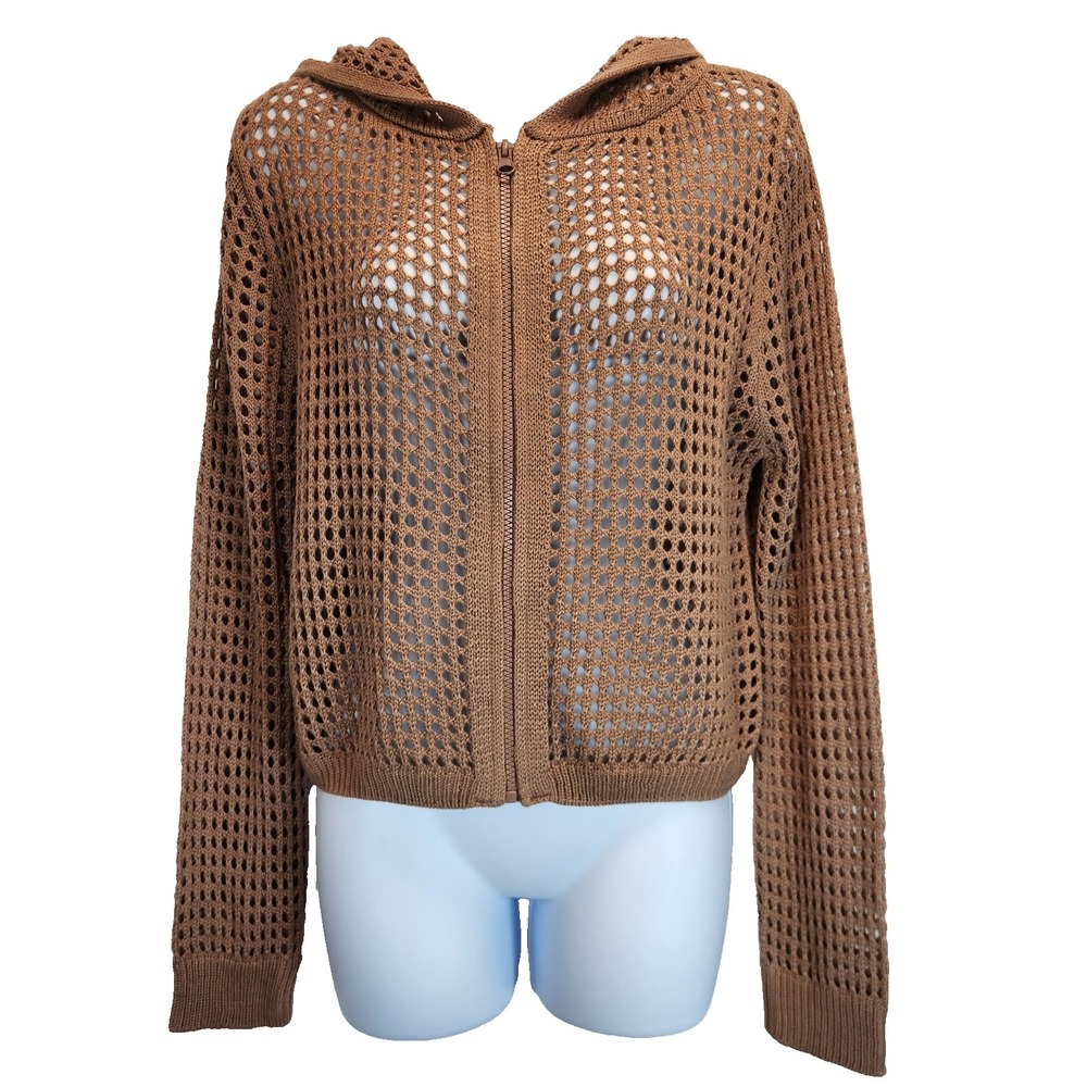 Love Knits NYC Open Knit Crochet Hoodie Sweater Brown Cropped Zip Up Size Large